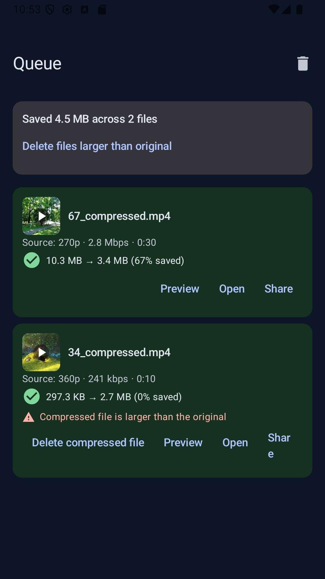 Done — before/after size and percent saved