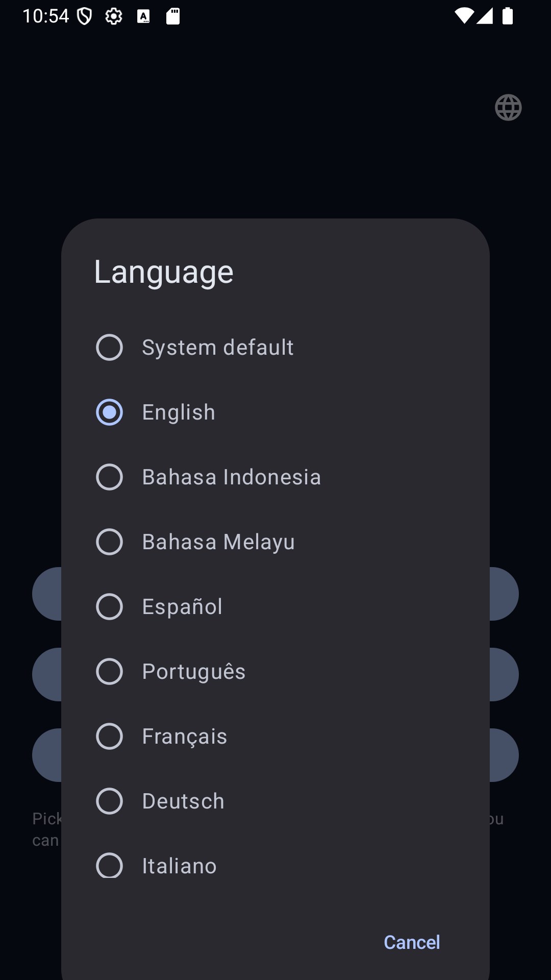 Language picker — 23 languages
